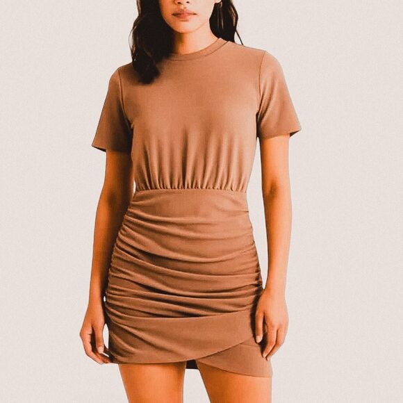 Abercrombie & Fitch Taupe Ruched Mini Dress – Bodycon Short Sleeve Neutral xs - Picture 1 of 8